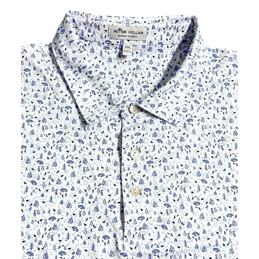 Peter Millar Summer Comfort Sawyer Polo Shirt Men 2XL White Tree Ski AOP Novelty